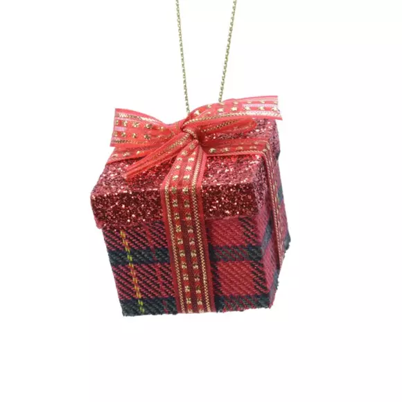 Kerst hangdecoratie vierkant geruit cadeau Rood 3