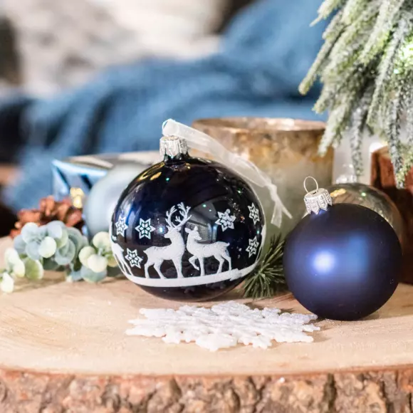 Lot de 6 boules de Noël en verre (D80 mm) Sous la neige Bleu nuit  3