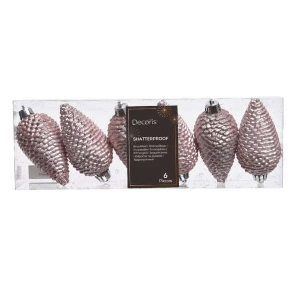 Lot de 6 pommes de pin à suspendre Alpine Rose poudré