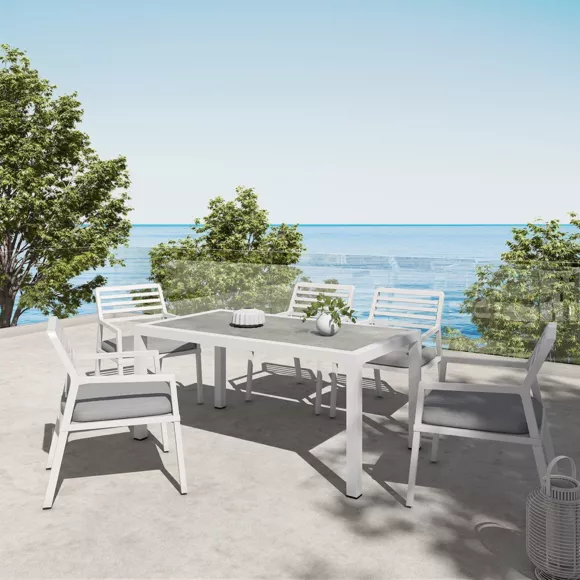 Mesa de jardín 8 plazas Aluminio/Cerámica Torano (192 x 102 cm) - Blanco/Gris claro