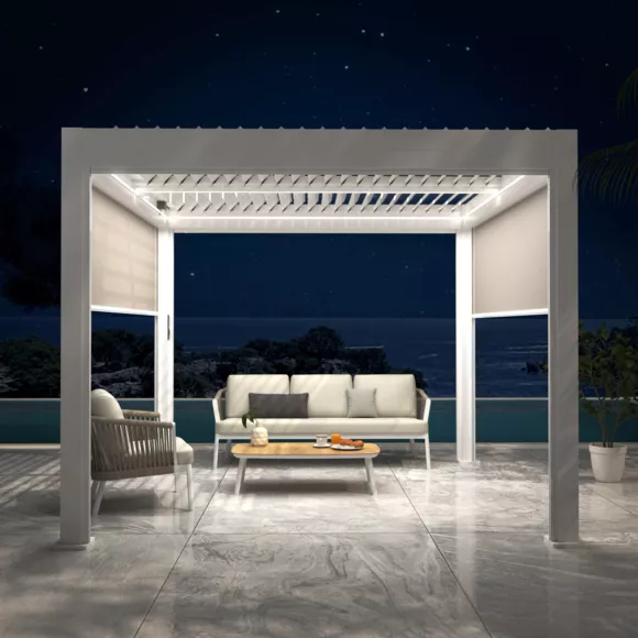Pérgola bioclimática autoportante motorizada de aluminio  (3 x 3 m) LED - Blanco