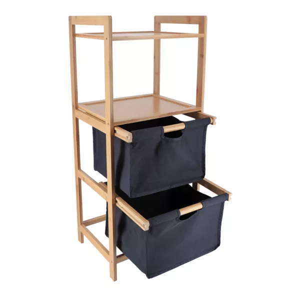MEUBLE BAMBOU 2 PANIERES POLYESTER + ETAGERES - NOIR/BAMBOU