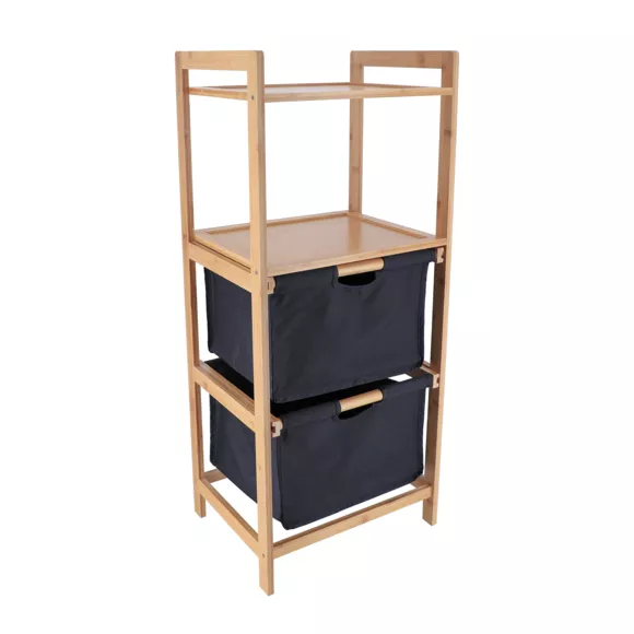 MEUBLE BAMBOU 2 PANIERES POLYESTER + ETAGERES - NOIR/BAMBOU