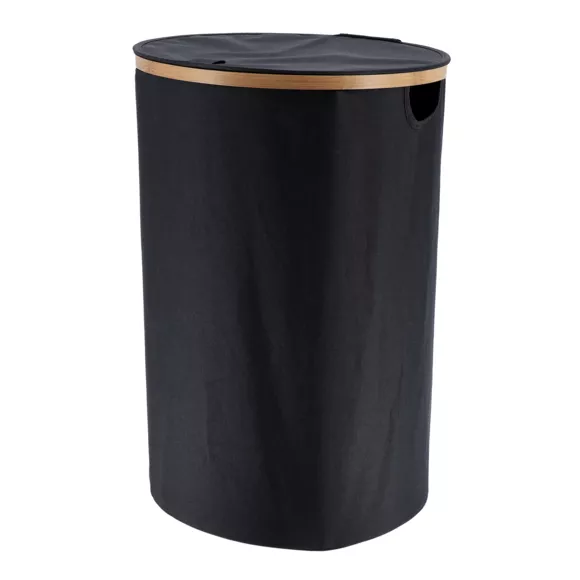 PANIERE A LINGE RONDE PLIABLE AVEC COUVERCLE POLYESTER CERCLAGE BAMBOU - NOIR/BAMBOU