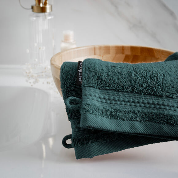 Conjunto de 2 guantes de baño de algodón orgánico. (15 x 21 cm) Méline Verde esmeralda