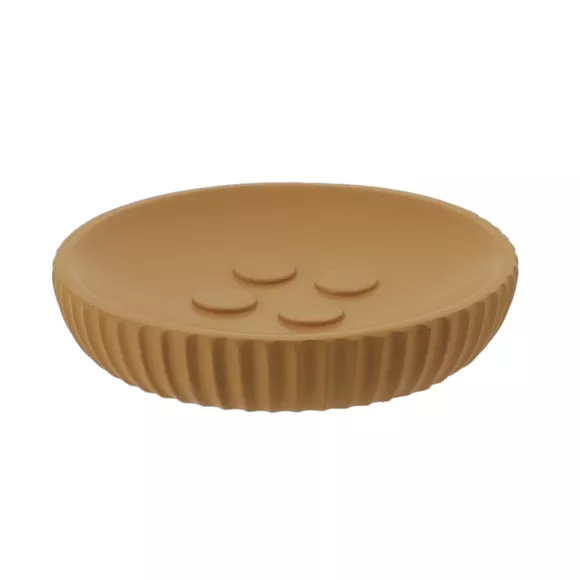 SET GOBELET DISTRIBUTEUR A SAVON ET PORTE SAVON POLYRESINE STRIEE - MOUTARDE