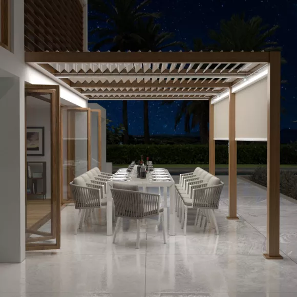Pérgola bioclimática adosada motorizada de aluminio  (3 x 6 m) LED - Madera
