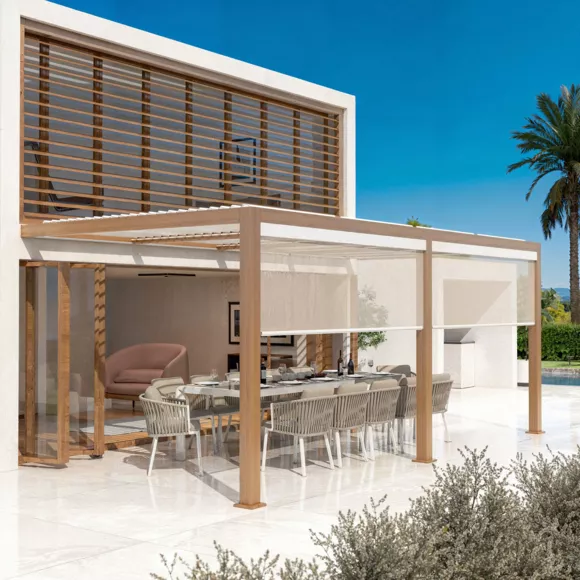 Pérgola bioclimática adosada motorizada de aluminio  (3 x 6 m) LED - Madera