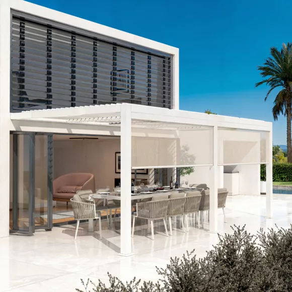 Pérgola bioclimática adosada motorizada de aluminio  (3 x 6 m) LED - Blanco