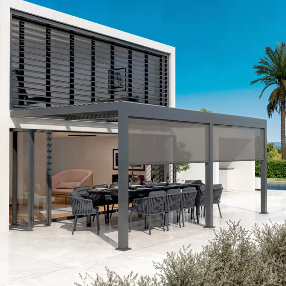 Bioklimatologische aangebouwde gemotoriseerde aluminium pergola (3 x 6 m) LED - Antraciet