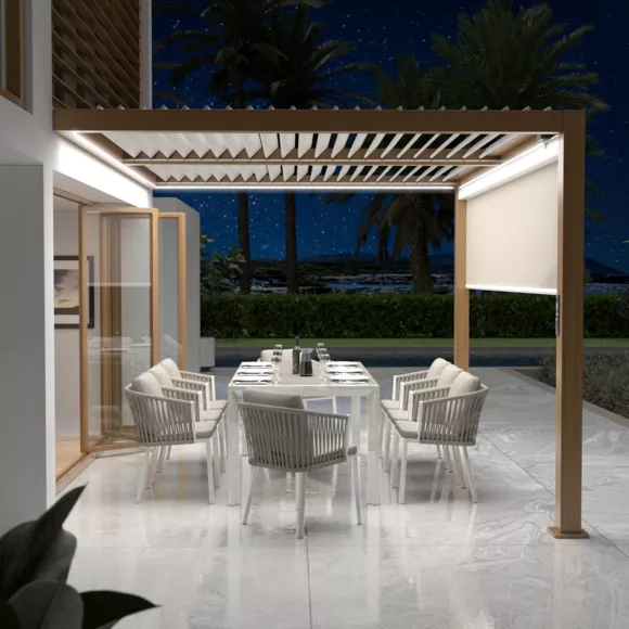 Pérgola bioclimática adosada motorizada de aluminio  (3 x 4 m) LED - Madera