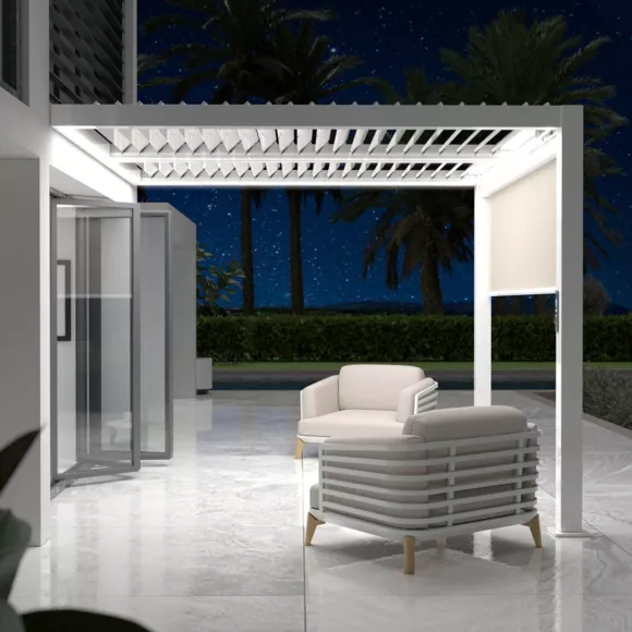 Pérgola bioclimática adosada motorizada de aluminio  (3 x 3 m) LED - Blanco