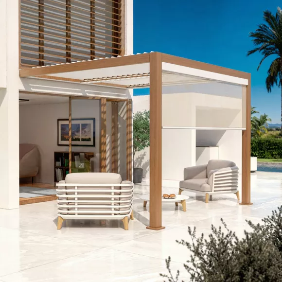 Pérgola bioclimática adosada motorizada de aluminio  (3 x 3 m) LED - Madera 