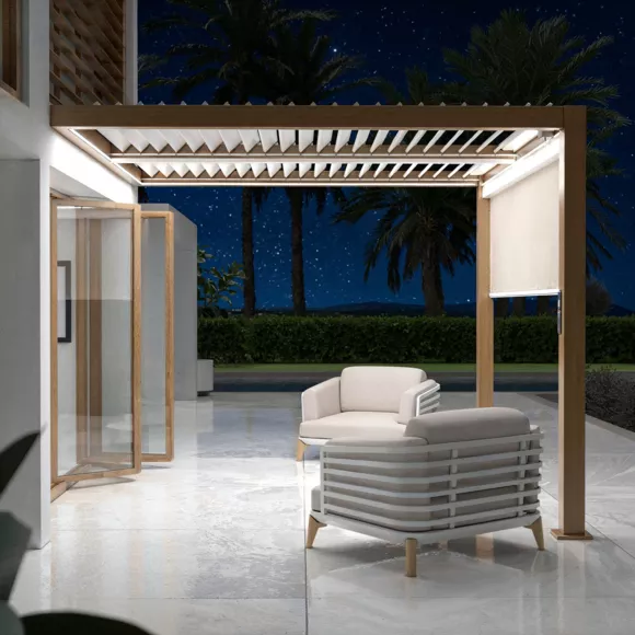 Pérgola bioclimática adosada motorizada de aluminio  (3 x 3 m) LED - Madera 