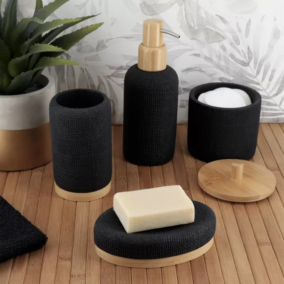 BOITE A COTON POLYRESINE RONDE EFFET MAILLE  ET BAMBOU  - NOIR