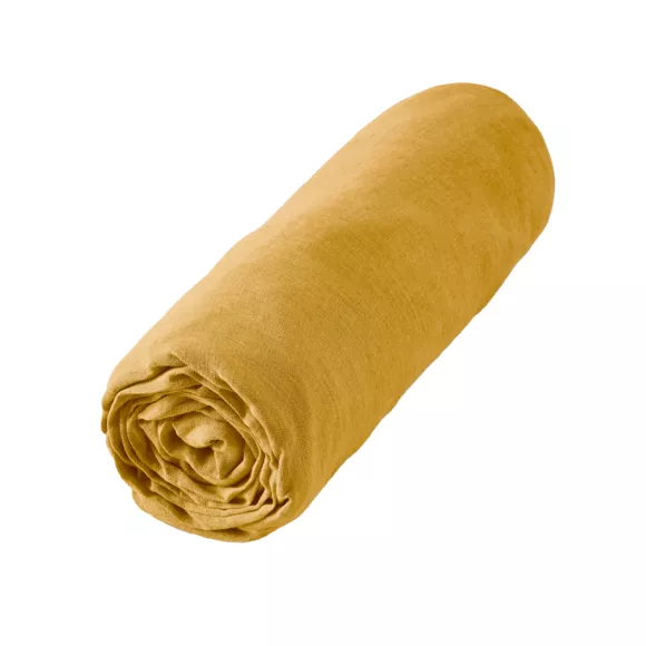 Drap housse lin lavé (140 cm) Louise Jaune moutarde