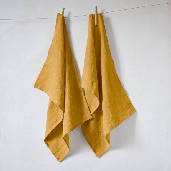 Set van 2 gastendoekjes gewassen linnen (70 cm) Louise Mosterdgeel