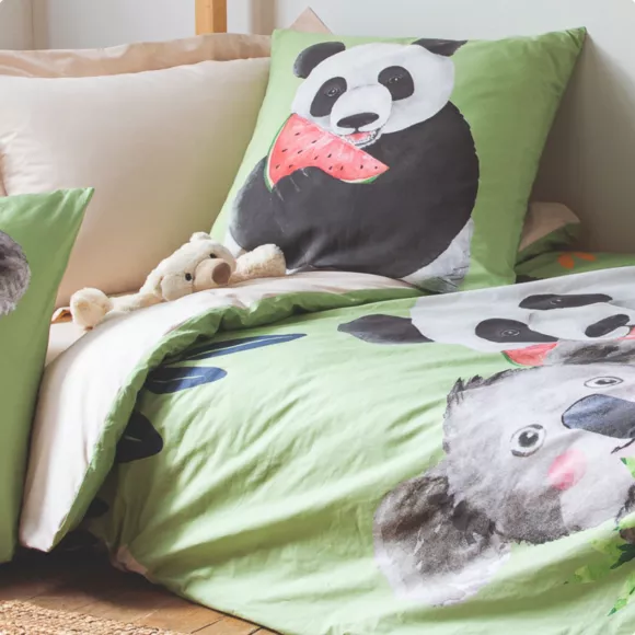 Funda nórdica para niños en percal de algodón (200 x 200 cm) Panda Verde