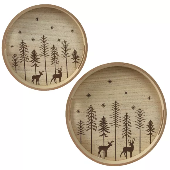 Set van 2 houten ronde dienbladen (D34-D29 cm) Kerstbomen