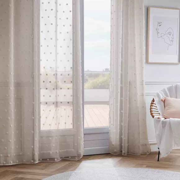 Visillo con cinta fruncida y pompones (140 x 240 cm) Emie Beige