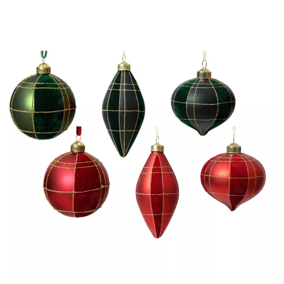 Lot de 12 suspensions de Noël en verre (D80 mm) Velours Rouge et vert
