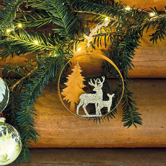 Suspension de Noël (D12 cm) Cerf des forêts Or pailleté