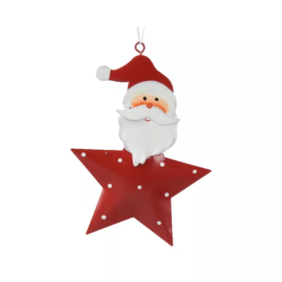 Metalen Kerstman om op te hangen (H12 cm) Ster en stippen Rood