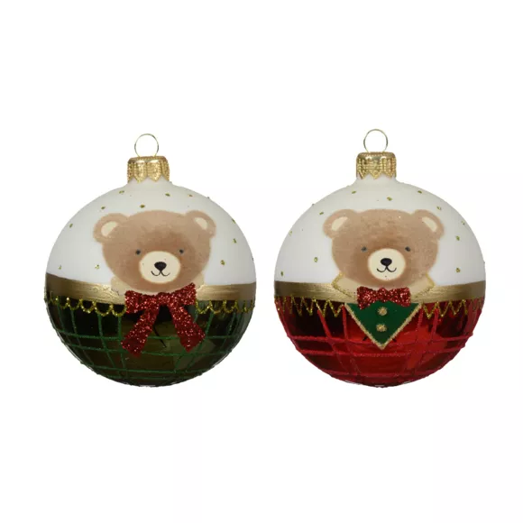 Lote de 6 bolas de Navidad de vidrio (D80 mm) pequeño osito verde y rojo