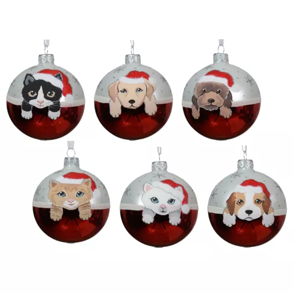 Lote de 6 bolas de Navidad de vidrio (D80 mm) Perros y Gatos