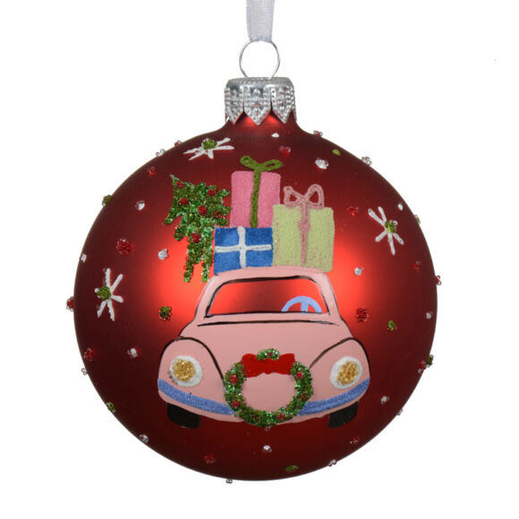 Set van 6 glazen kerstballen (D80 mm) Feestelijke auto Rood