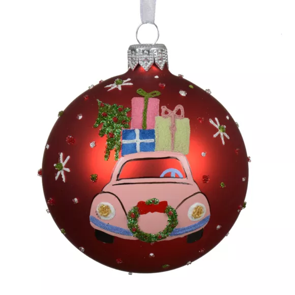 Lot de 6 boules de Noël en verre (D80 mm) Voiture festive Rouge