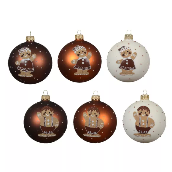 Lot de 6 boules de Noël en verre (D80 mm) Garçon et Fille Pain d'épice
