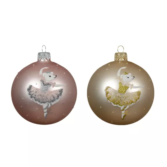 Lote de 6 bolas de Navidad de vidrio (D80 mm) Bailarinas Rosa y perla