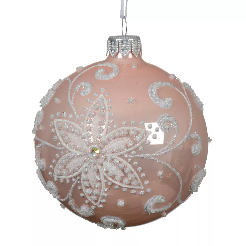 6er Set Weihnachtskugeln aus Glas (D80 mm) Porzellanblume Rosa