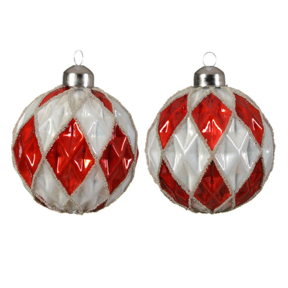 Lot de 12 boules de Noël en verre (D80 mm) Damiers Rouge et blanc