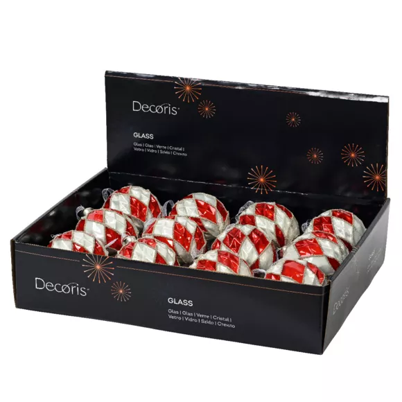 Lote de 12 bolas de Navidad de vidrio (D80 mm) Cuadros rojos y blancos