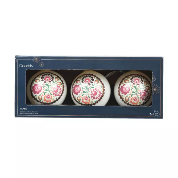 Lote de 3 bolas de Navidad de vidrio (D80 mm) Bolshoi Florido Blanco y rosa