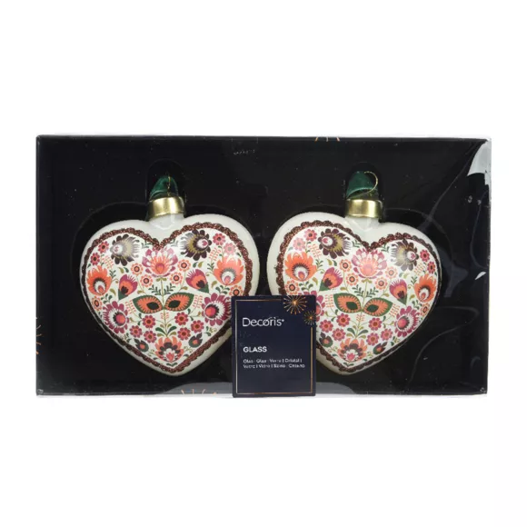 Set van 2 glazen harten (H9 cm) Bolchoï Bloemen Wit en roze
