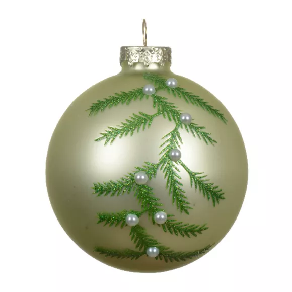 Lote de 3 bolas de Navidad de vidrio (D80 mm) Follaje de invierno Té verde