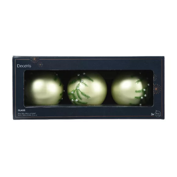 Lote de 3 bolas de Navidad de vidrio (D80 mm) Follaje de invierno Té verde