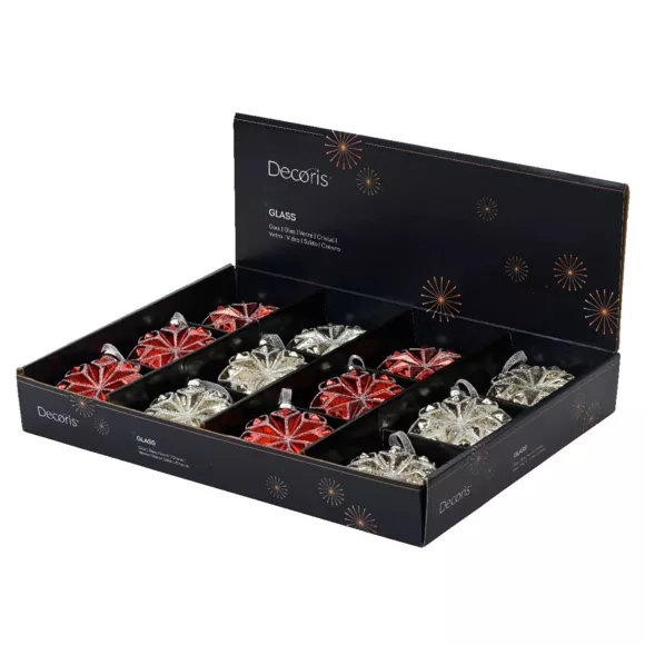 Lote de 12 flores de Navidad de vidrio (D80 mm) Pralognan Rojo y plata