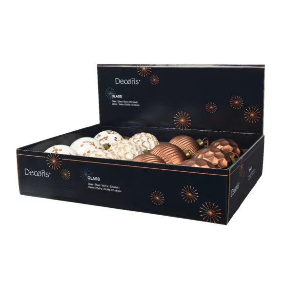 Lote de 12 bolas de Navidad de vidrio (D80 mm) Gingerbread Blanco y Expreso