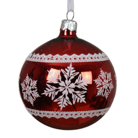 6er Set Weihnachtskugeln aus Glas (D80 mm) Winterflocken Rot