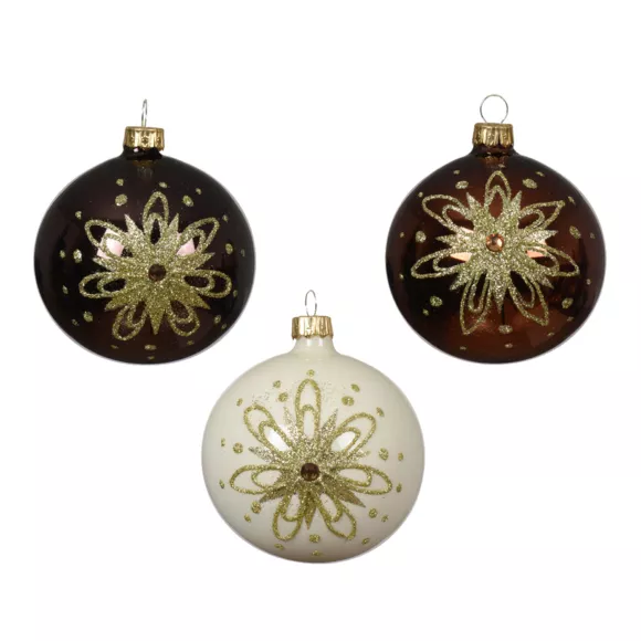 Lote de 6 bolas de Navidad de vidrio (D80 mm) Pétalos dorados Negro trufado
