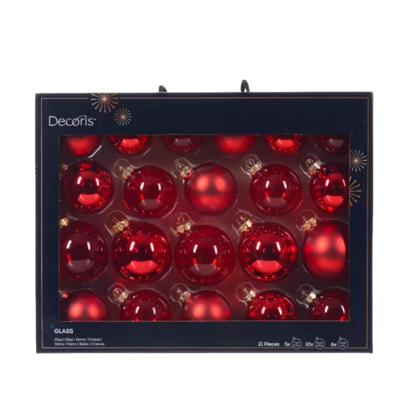 Lote de 21 bolas de Navidad de vidrio surtidas Cristal Rojo