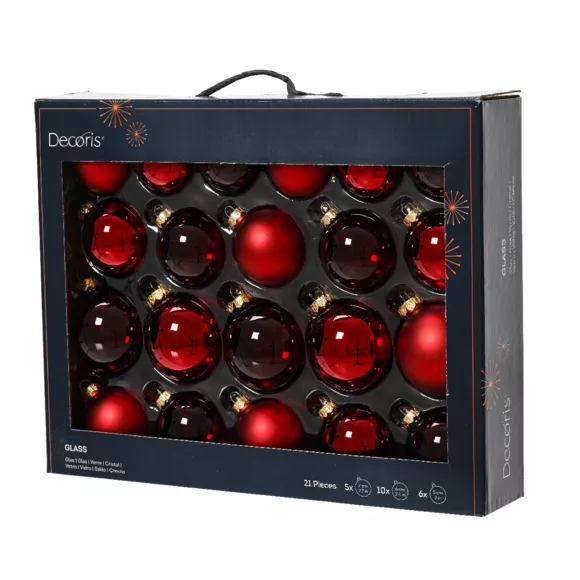 Set van 21 assortiment glazen kerstballen Kristal Bordeaux
