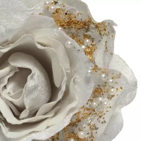 Fleur de Noël (D13 cm) Rose pailletée et perles Blanc