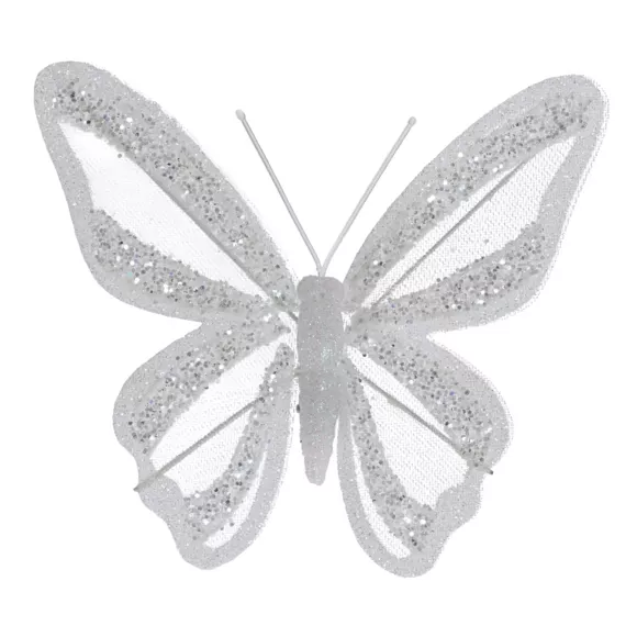 Set van 2 Vlinders op clip (H14 cm) Winterwitte Droom