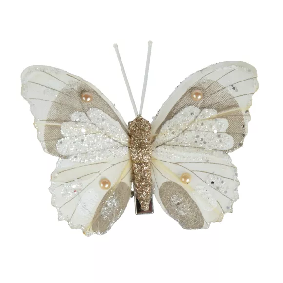 Lote de 4 Mariposas en pinza (H8 cm) Destellos y perlas Champagne