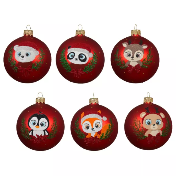 Lot de 6 boules de Noël en verre (D80 mm) Animaux Yeux de biche